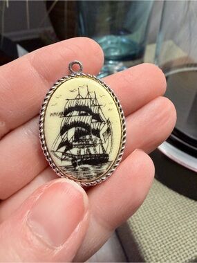 Sarah Coventry Oval Ship Scrimshaw Pendant in Cream and Silver